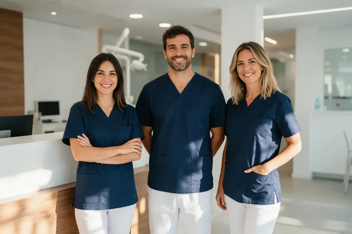 Equipo de clínica dental con uniforme azul marino en la recepción
