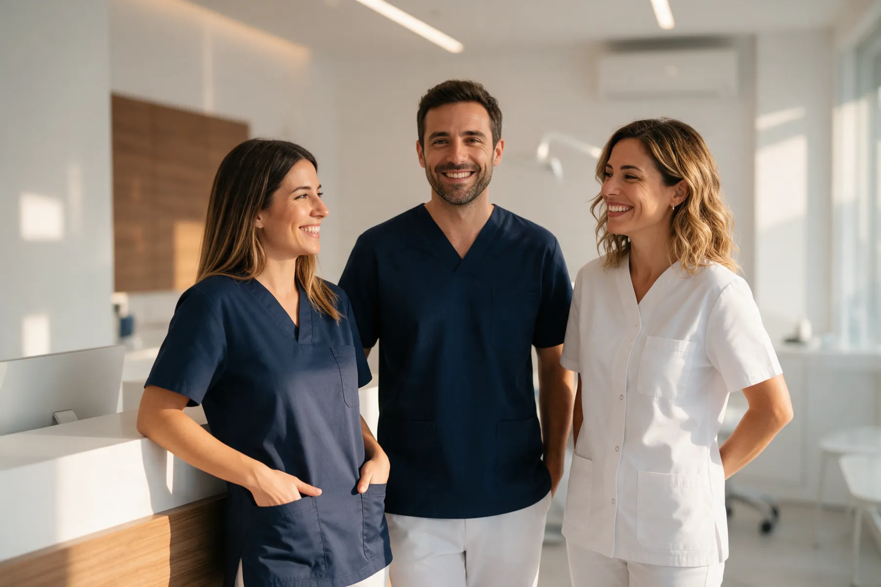 Equipo de una clínica dental: recepcionista, auxiliar e higienista sonriendo junto al mostrador