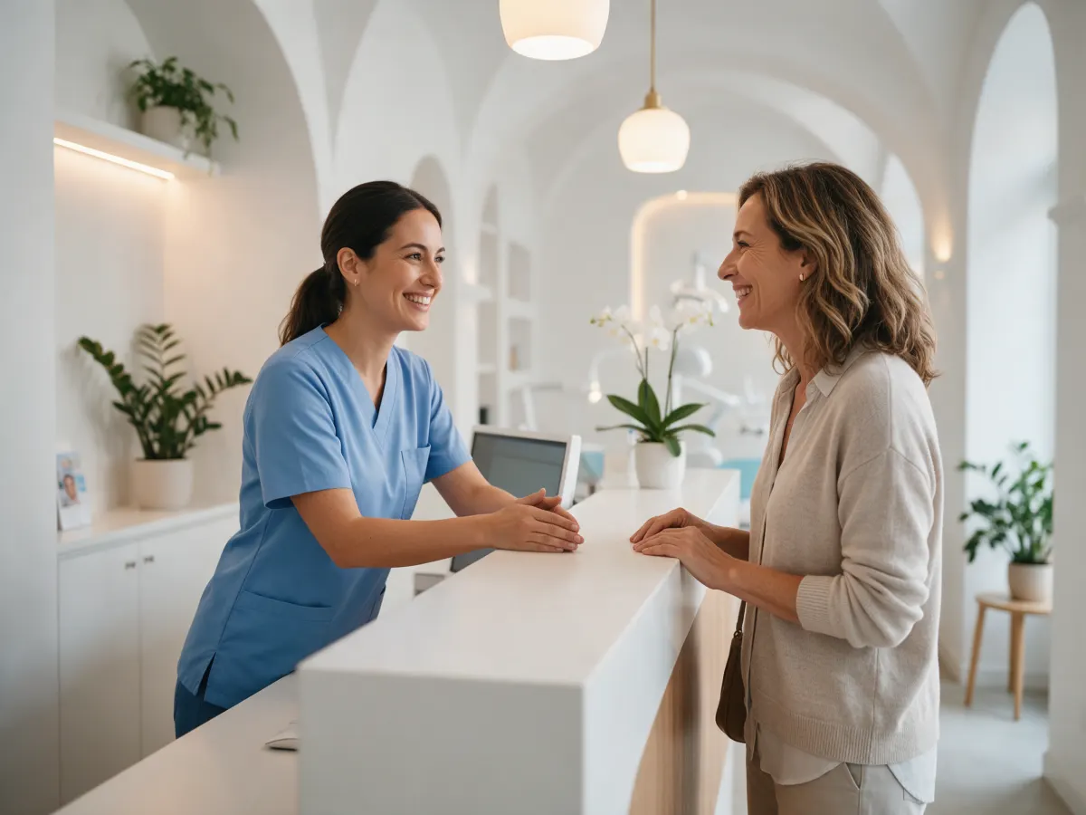 Recepcionista de una clínica dental recibiendo con una sonrisa a una paciente