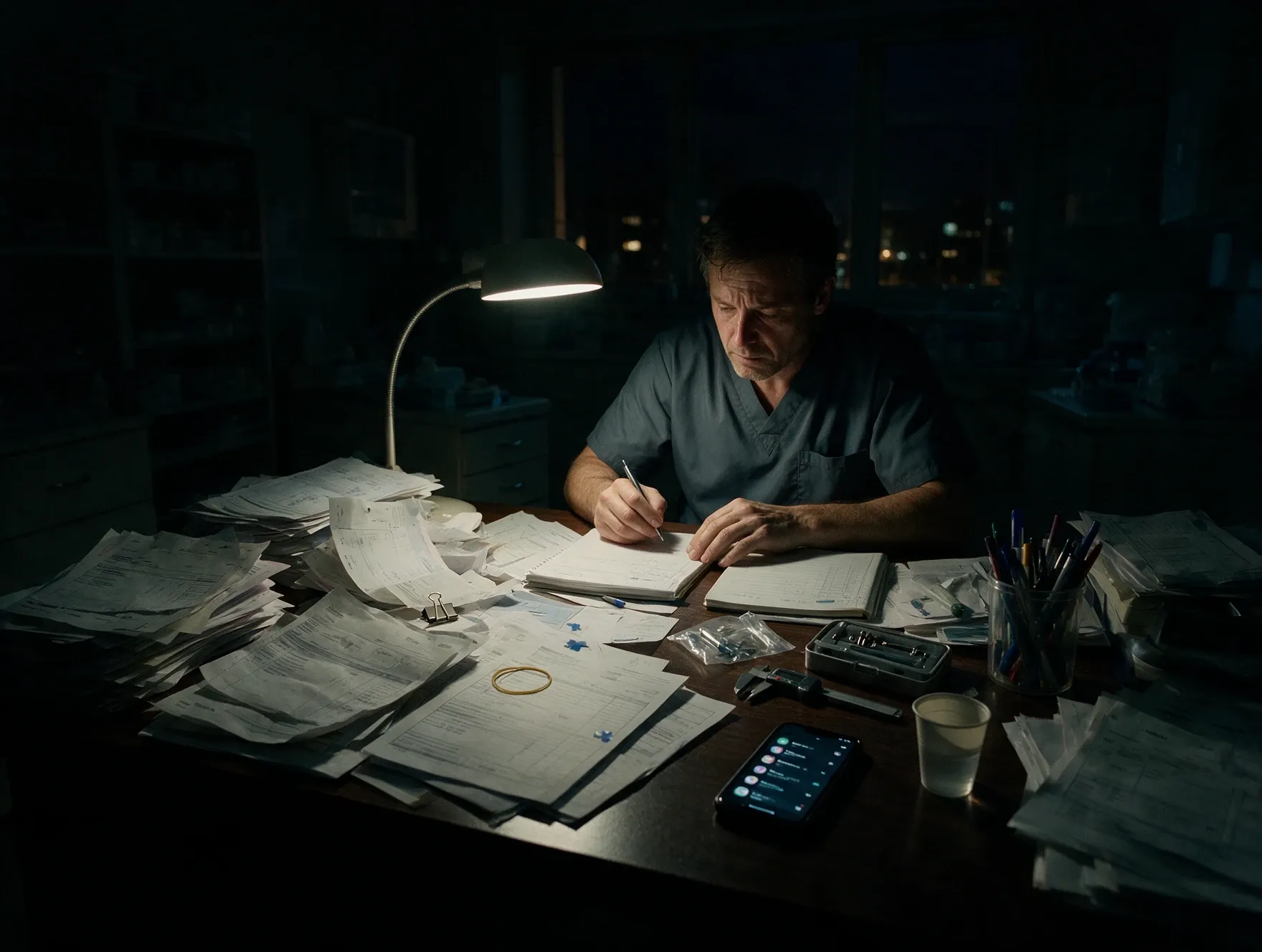 Dentista agotado revisando papeles en su despacho de noche