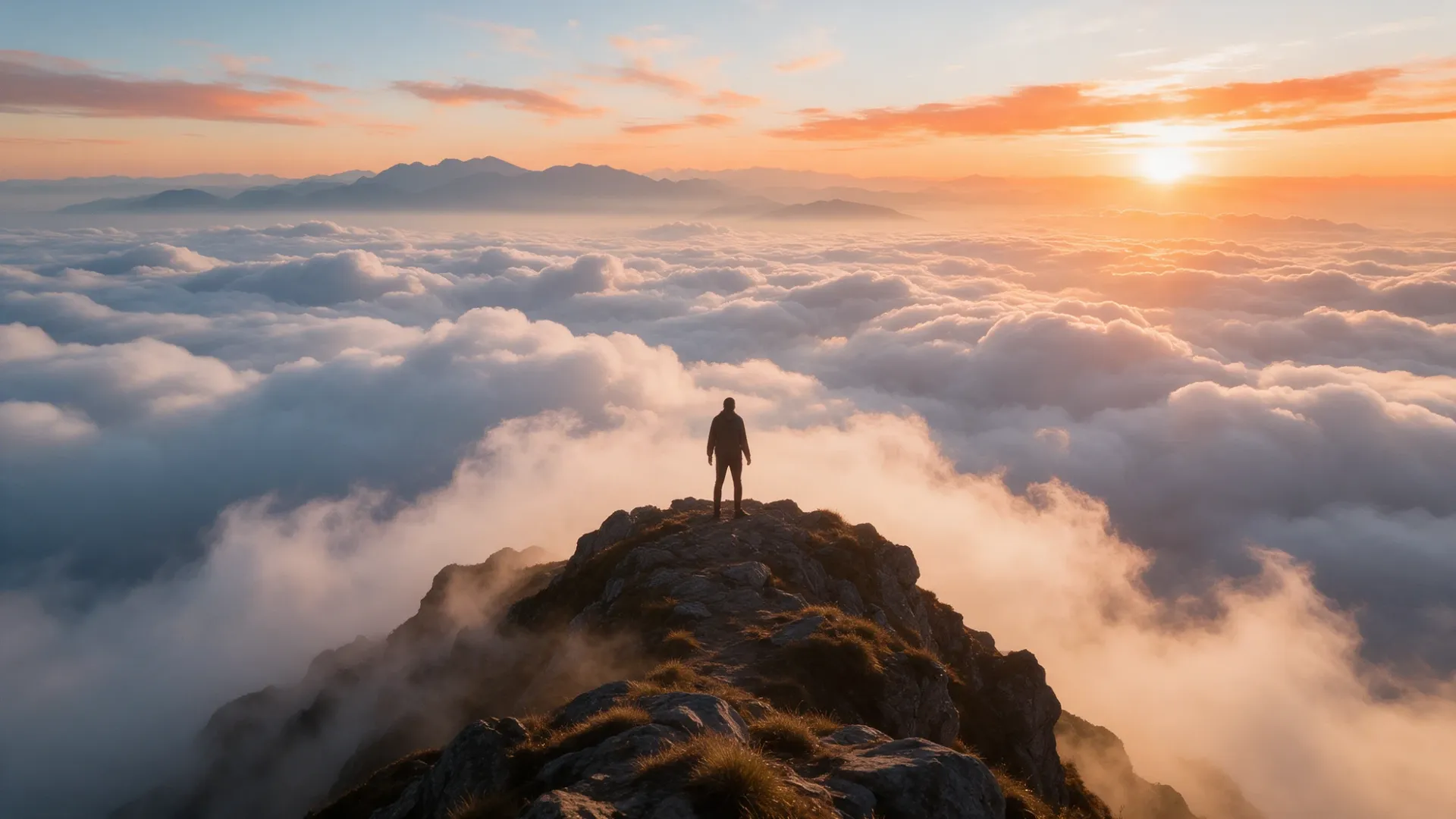 Persona en la cumbre de una montaña al amanecer