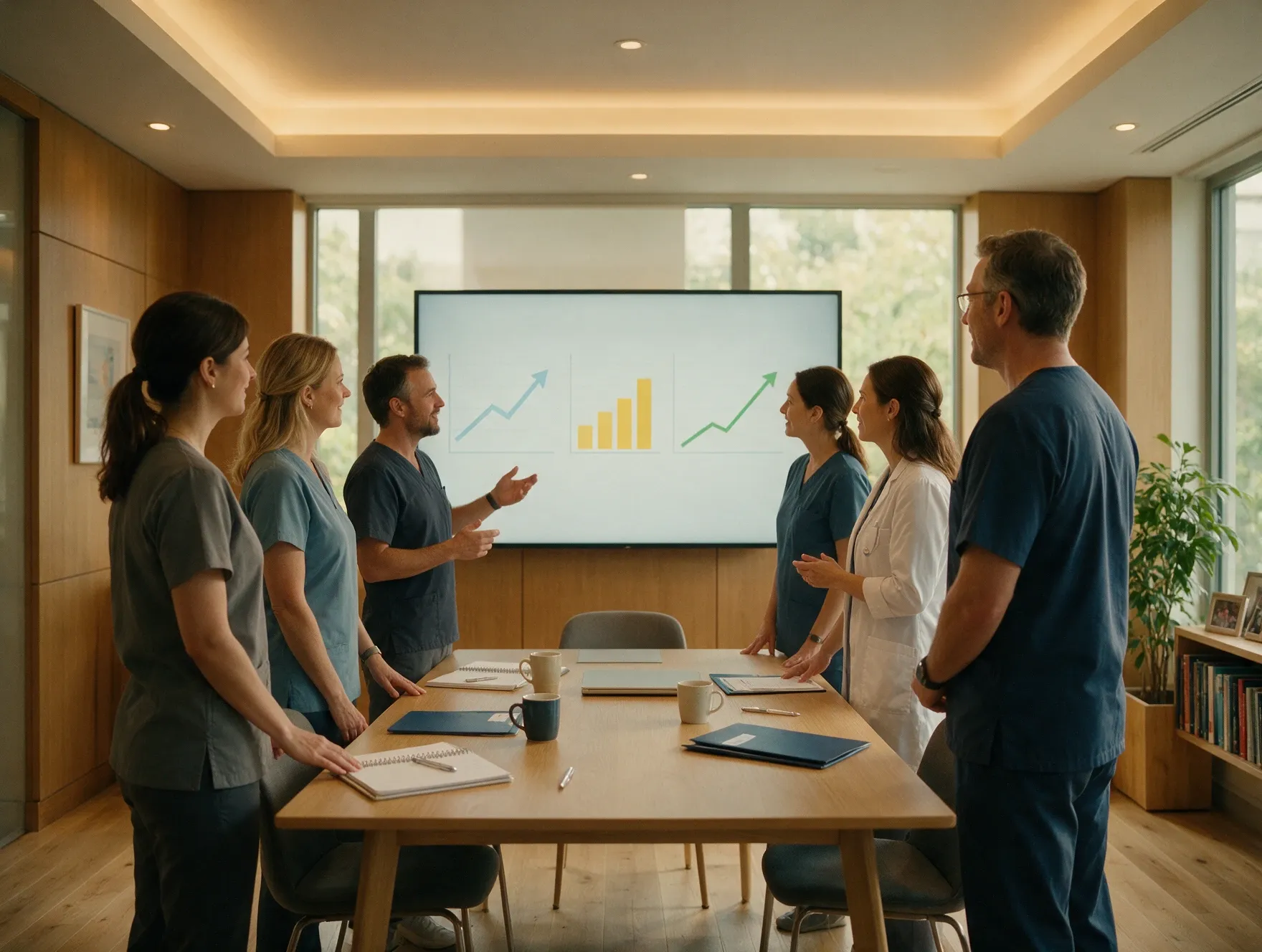 Equipo de una clínica dental revisando sus indicadores