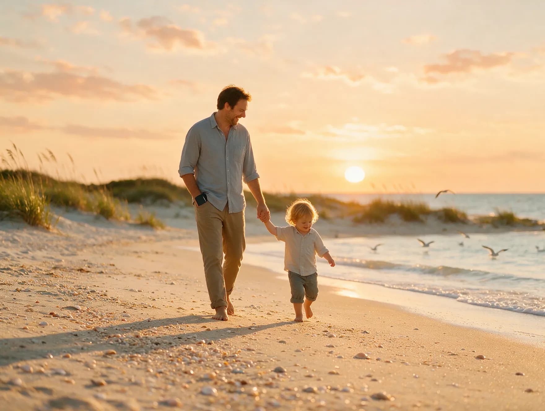 Dentista paseando por la playa con su hija al atardecer