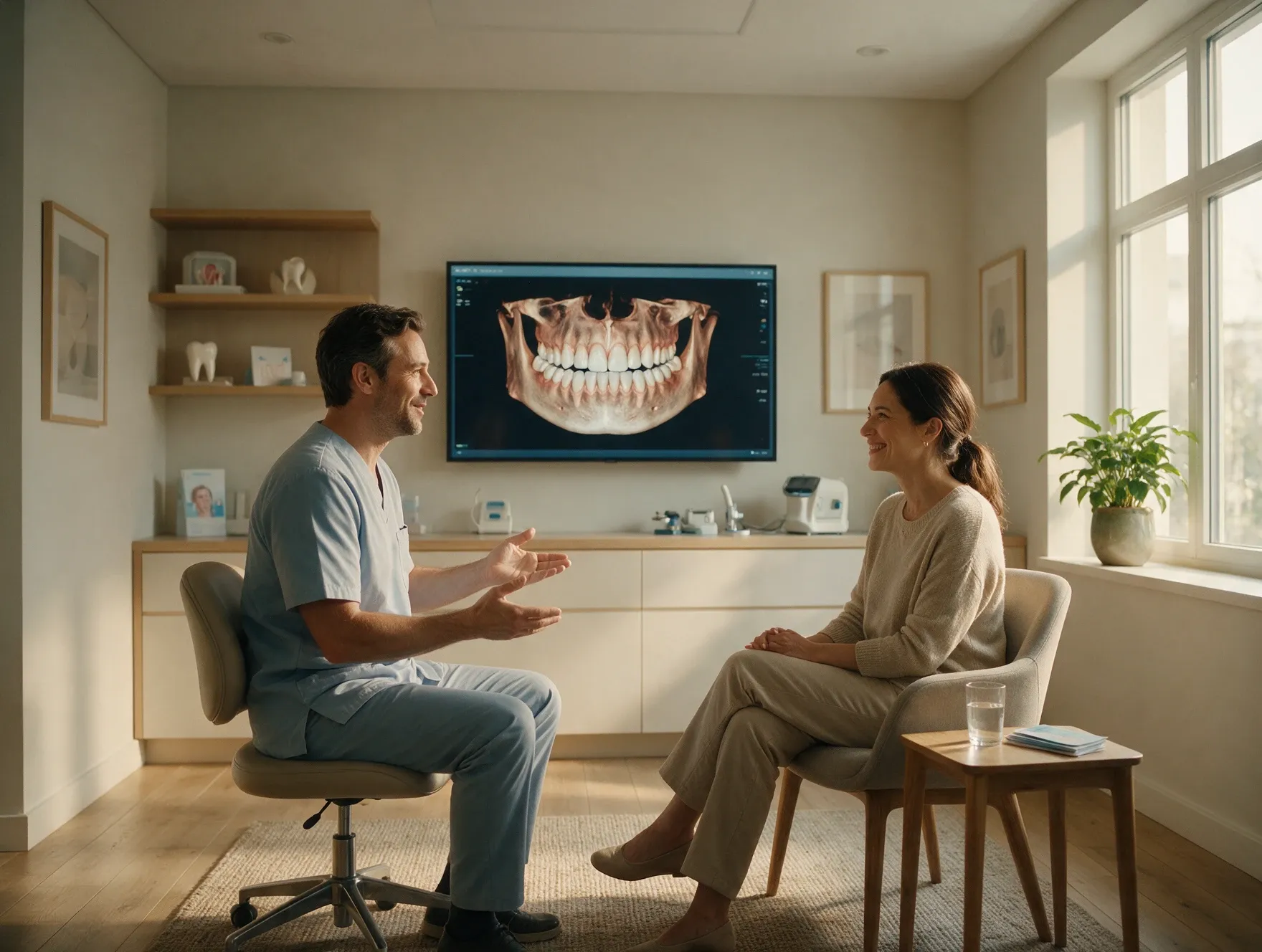 Dentista explicando un plan de tratamiento a una paciente