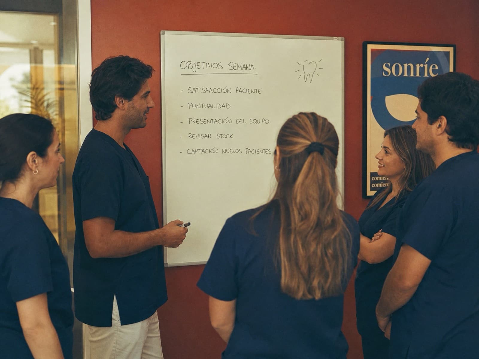 Reunión semanal del equipo de una clínica dental junto a la pizarra de objetivos