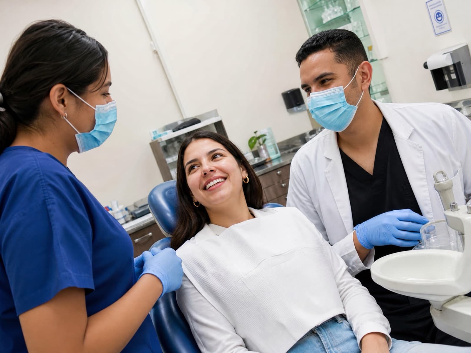 Dentista y auxiliar conversando con una paciente sonriente en el sillón