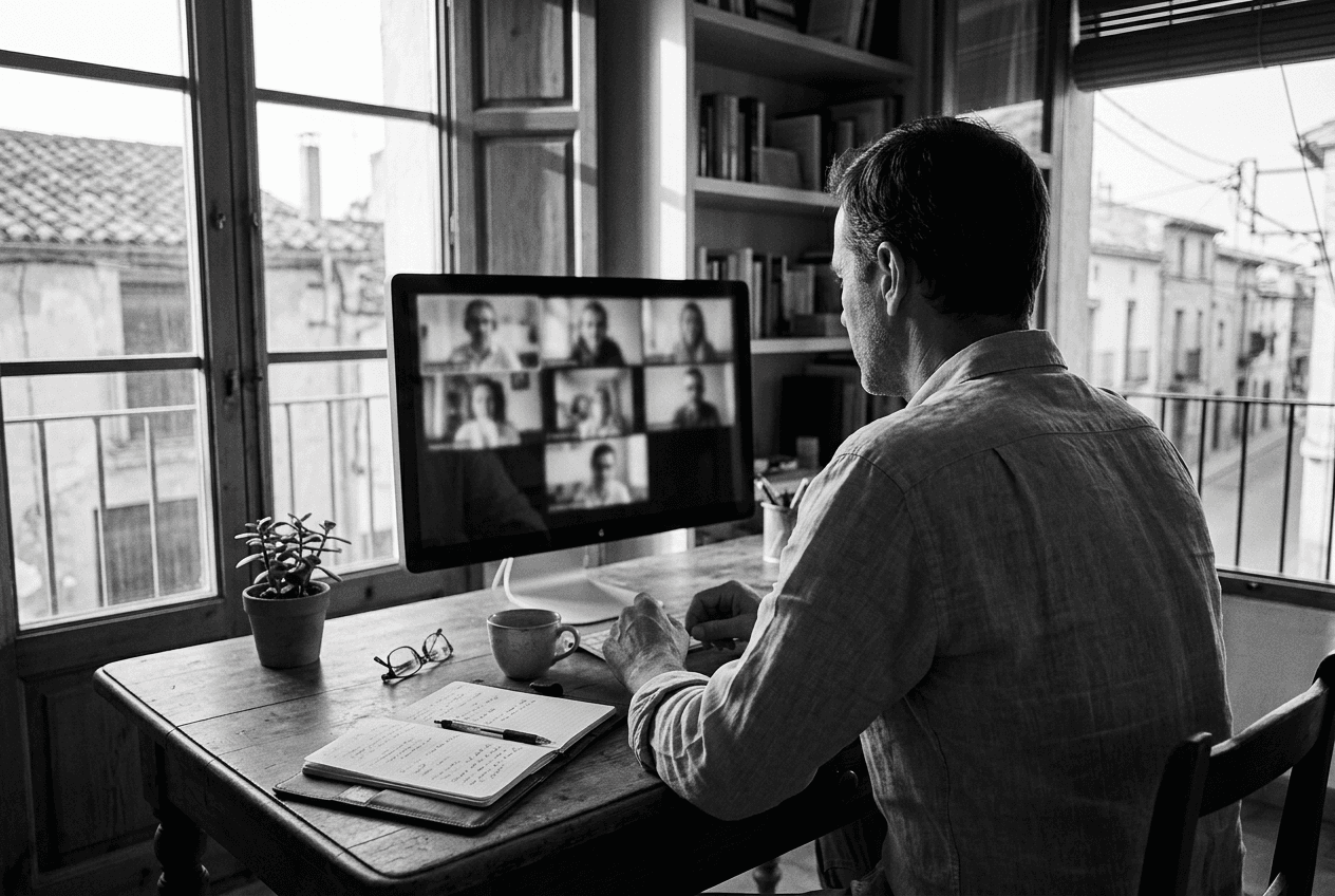 Propietario conectado a la sesión semanal en directo desde su despacho