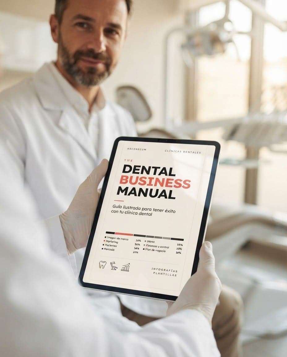Un dentista lee The Dental Business Manual en un iPad, sentado en su gabinete.