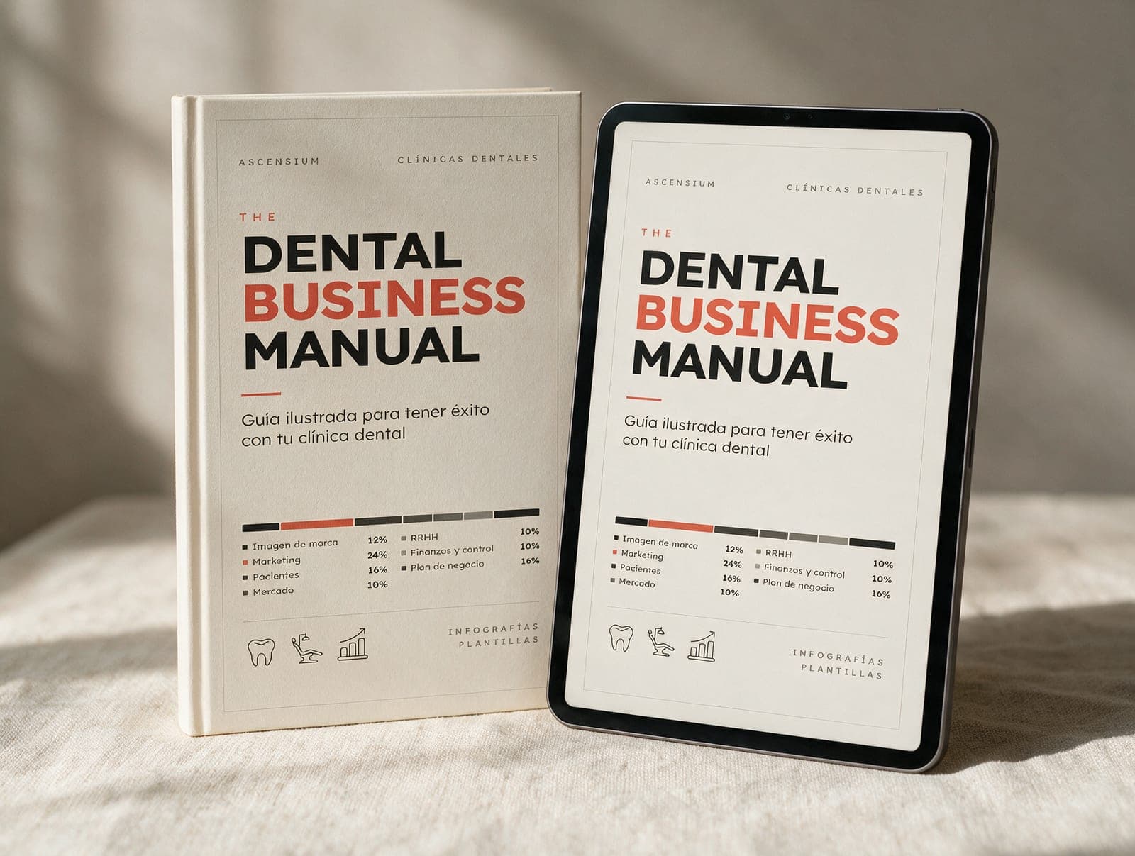 Portada de The Dental Business Manual en libro y en iPad, sobre una mesa con luz natural.